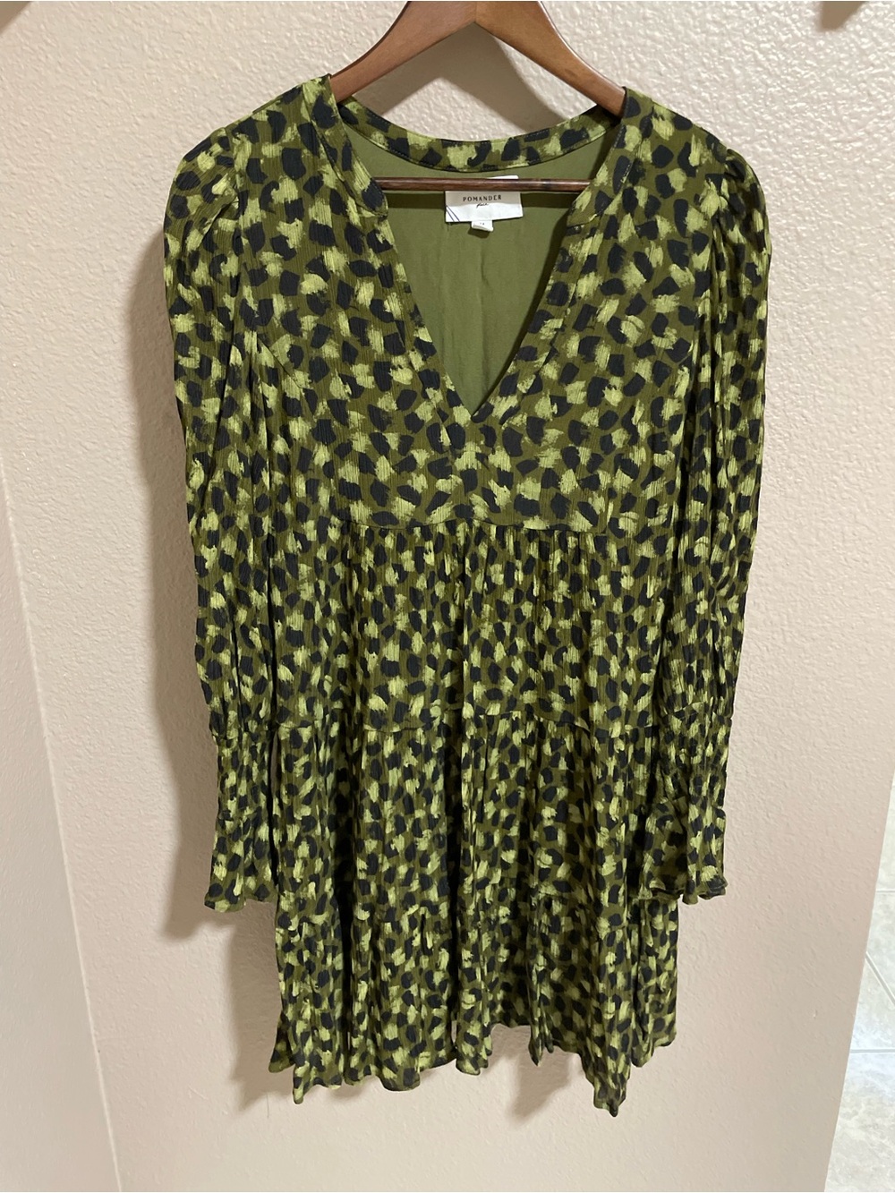 Pomander Place Olive Green and Black Printed Long Sleeve Dress